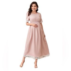 Summer Maxi Maternity Contrast Guipure Lace Trim Shirred Waist Dress